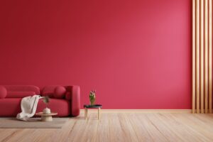 Viva magenta wall background mockup with sofa furniture and decor of the year 2023